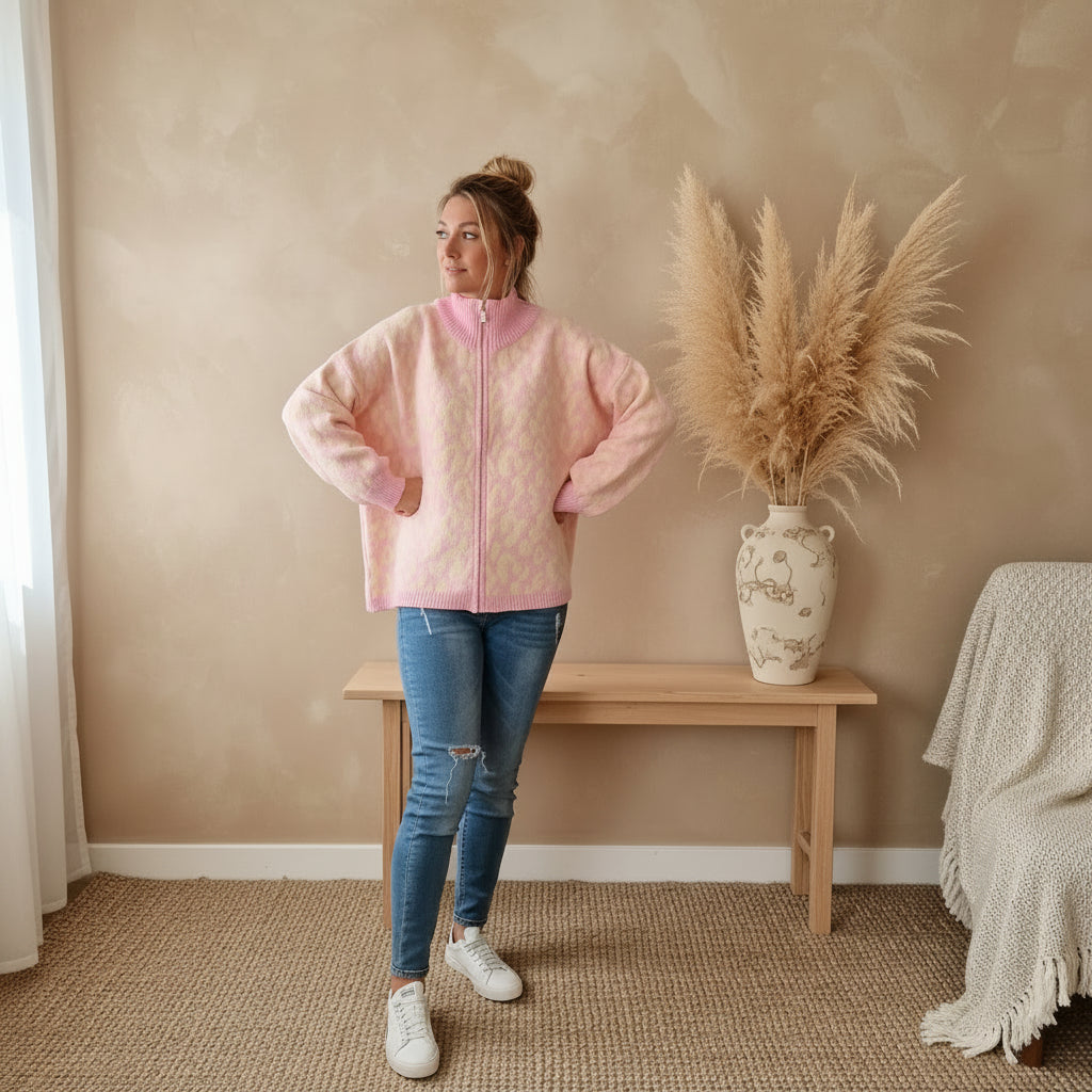 Model trägt rosafarbene Strickjacke für Damen mit geschlossenem Reißverschluss und Stehkragen