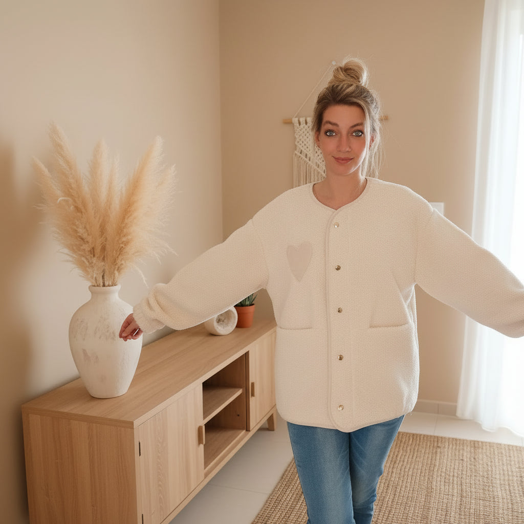 Teddyjacke Damen Weiß mit Herz – Nahaufnahme Teddy-Fleece Stoff