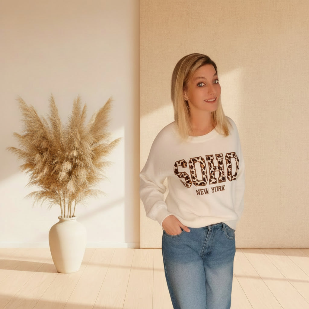 Weißer SOHO New York Pullover mit Leoprint – One Size - SK-StyleundKompetenz