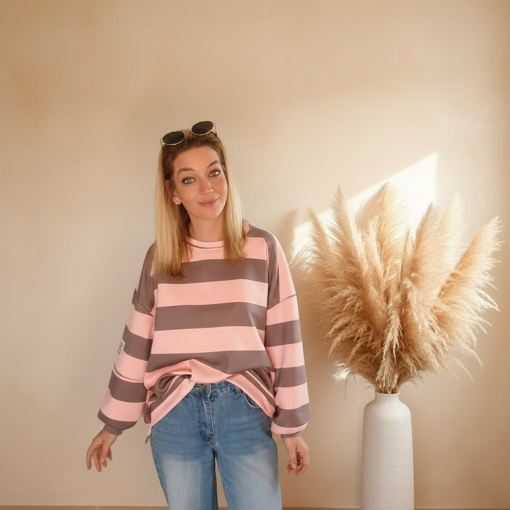 Oversized Streifen-Sweatshirt | Boho Style | Rosa & Blau