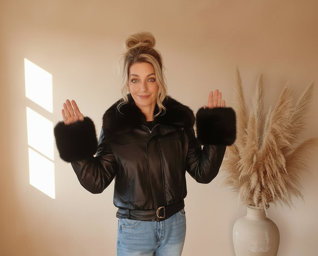 Fellmanschette und Ärmel der schwarzen Damen Cropped Jacke in Lederoptik

