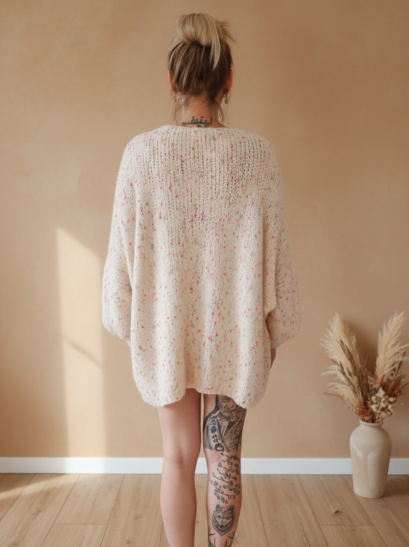 Strickpullover Creme Rückenansicht, bunte Farbsprenkeln auf Grobstrick – SK-Style Damen Onesize