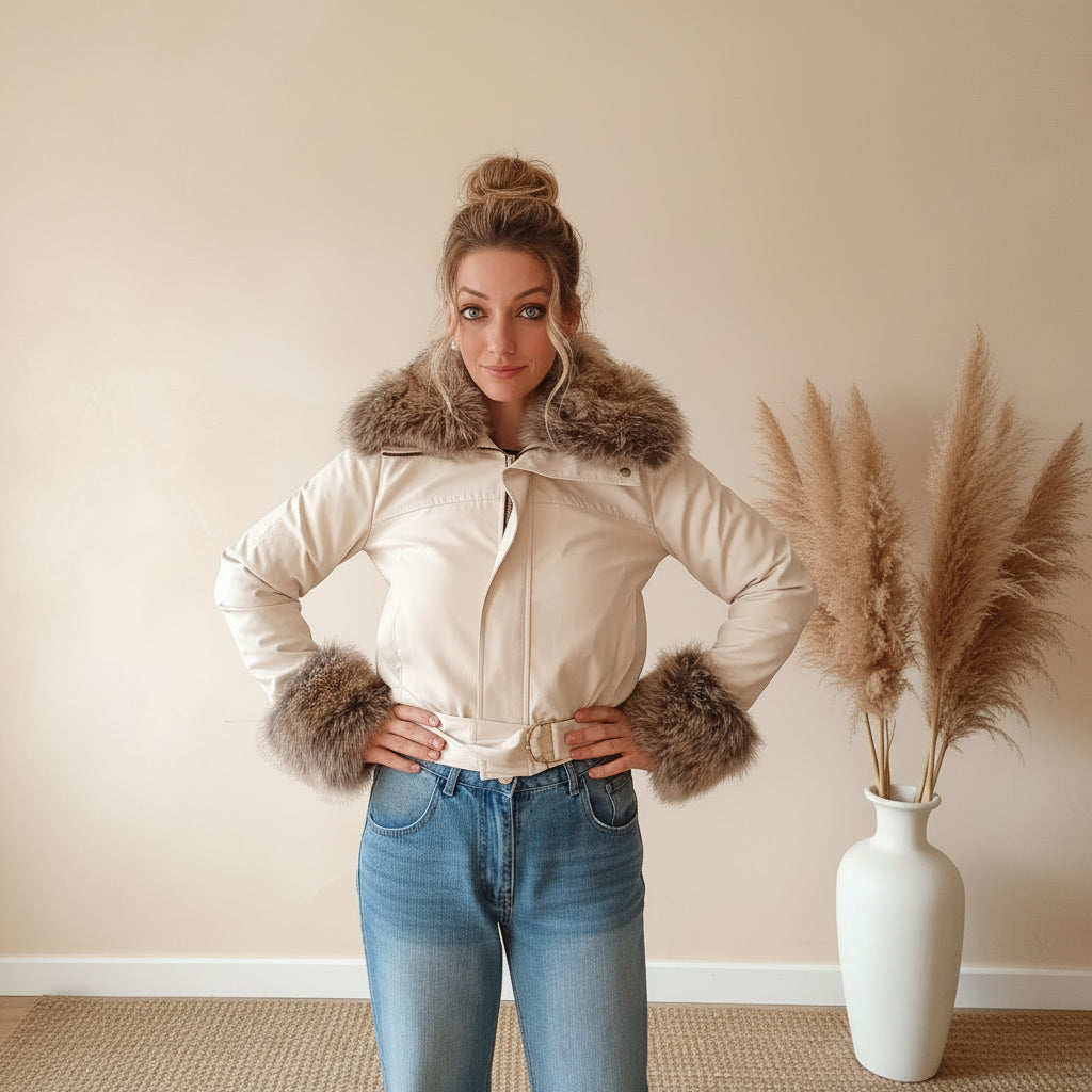 Cropped Jacke Damen cremeweiß mit flauschigem Fellkragen, kuscheliger Winter-Look mit Jeans