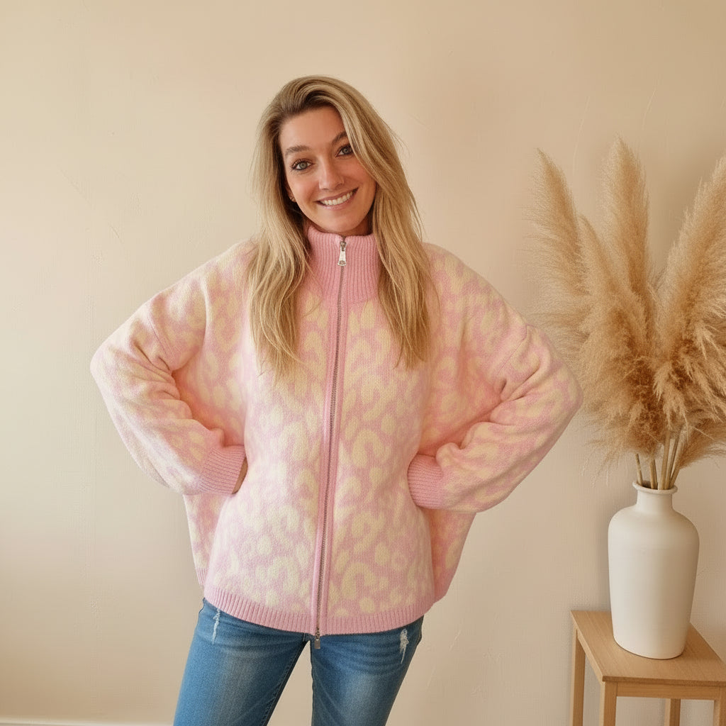 Rosafarbene Damen-Strickjacke mit Reißverschluss, Stehkragen und gerippten Bündchen