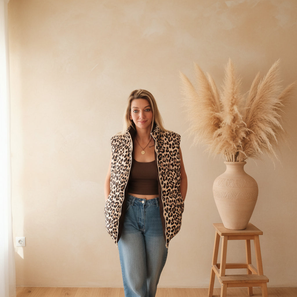 Damen-Wendeweste Leo Teddy mit Leo-Print im Boho-Interieur