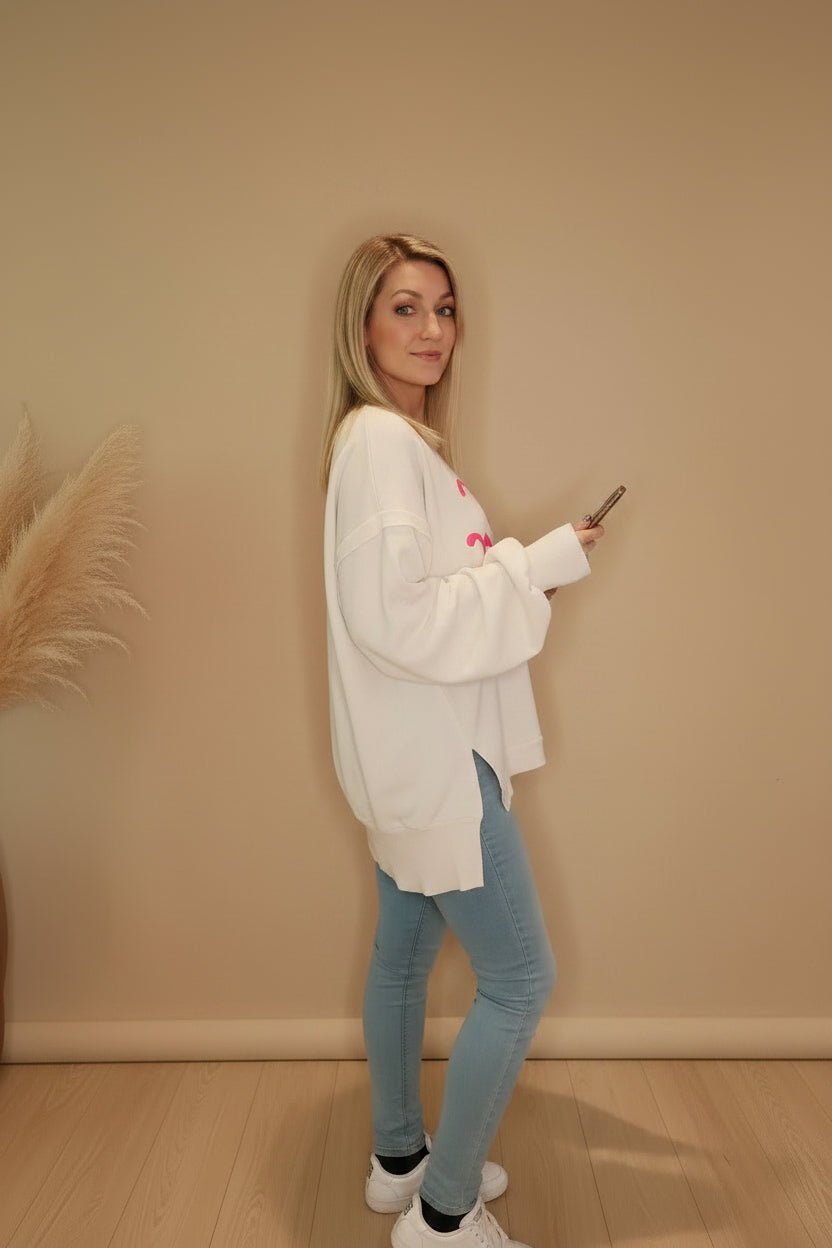 Lieb's Sweatshirt Damen Creme – Seitenansicht Oversized Fledermausärmel seitlicher Schlitz