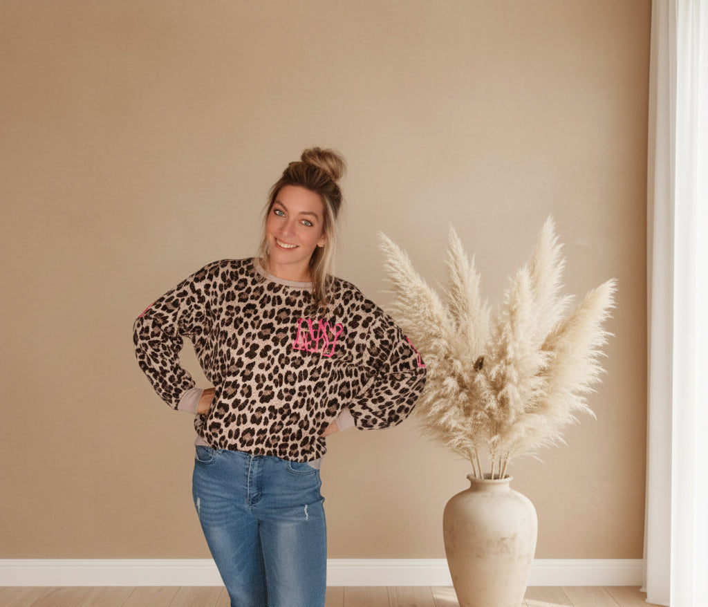 Leo-Pullover Damen mit Leopardenmuster und pinkem NY-Schriftzug