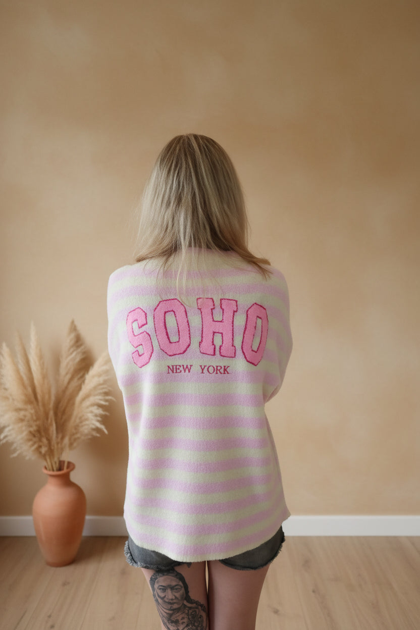 Strickjacke Damen Rückenansicht SOHO New York Statement-Print rosa-Pastellgelb Streifen