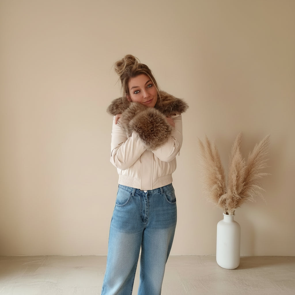 Cremeweiße Cropped Jacke Damen mit Fellbesatz, Ganzkörper-Styling mit Jeans