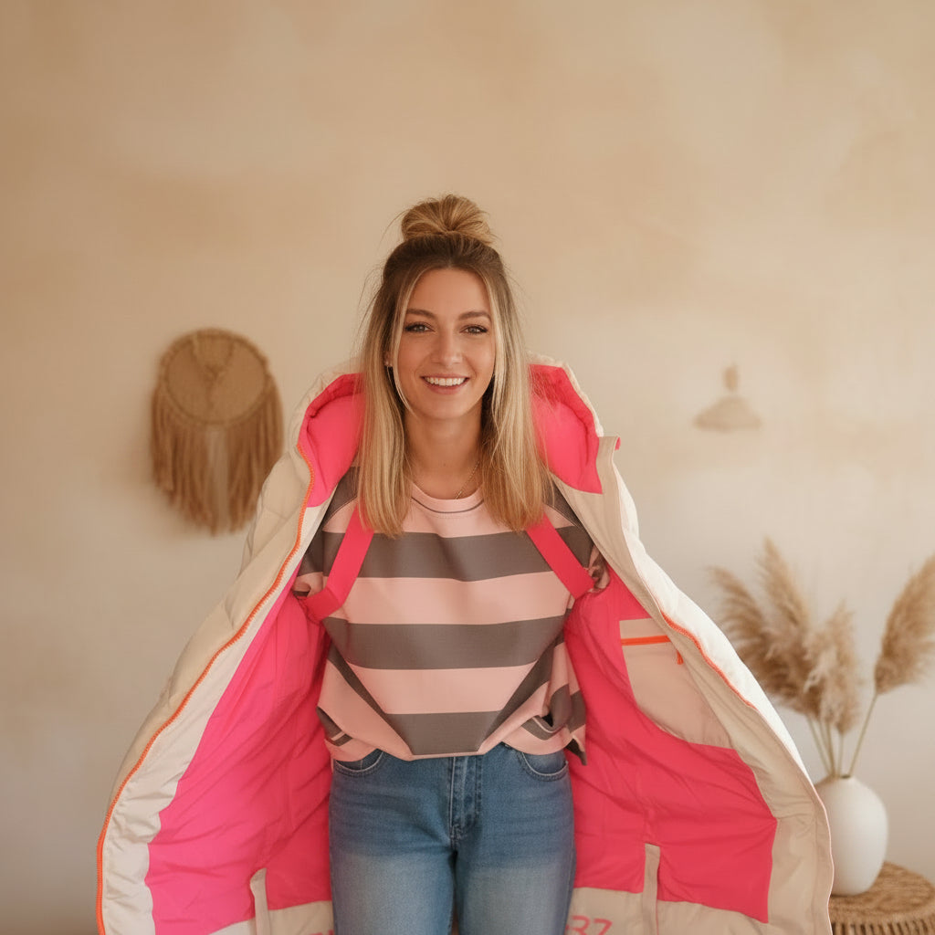 Steppmantel Damen Hellbeige offen – pinkfarbenes Innenfutter sichtbar