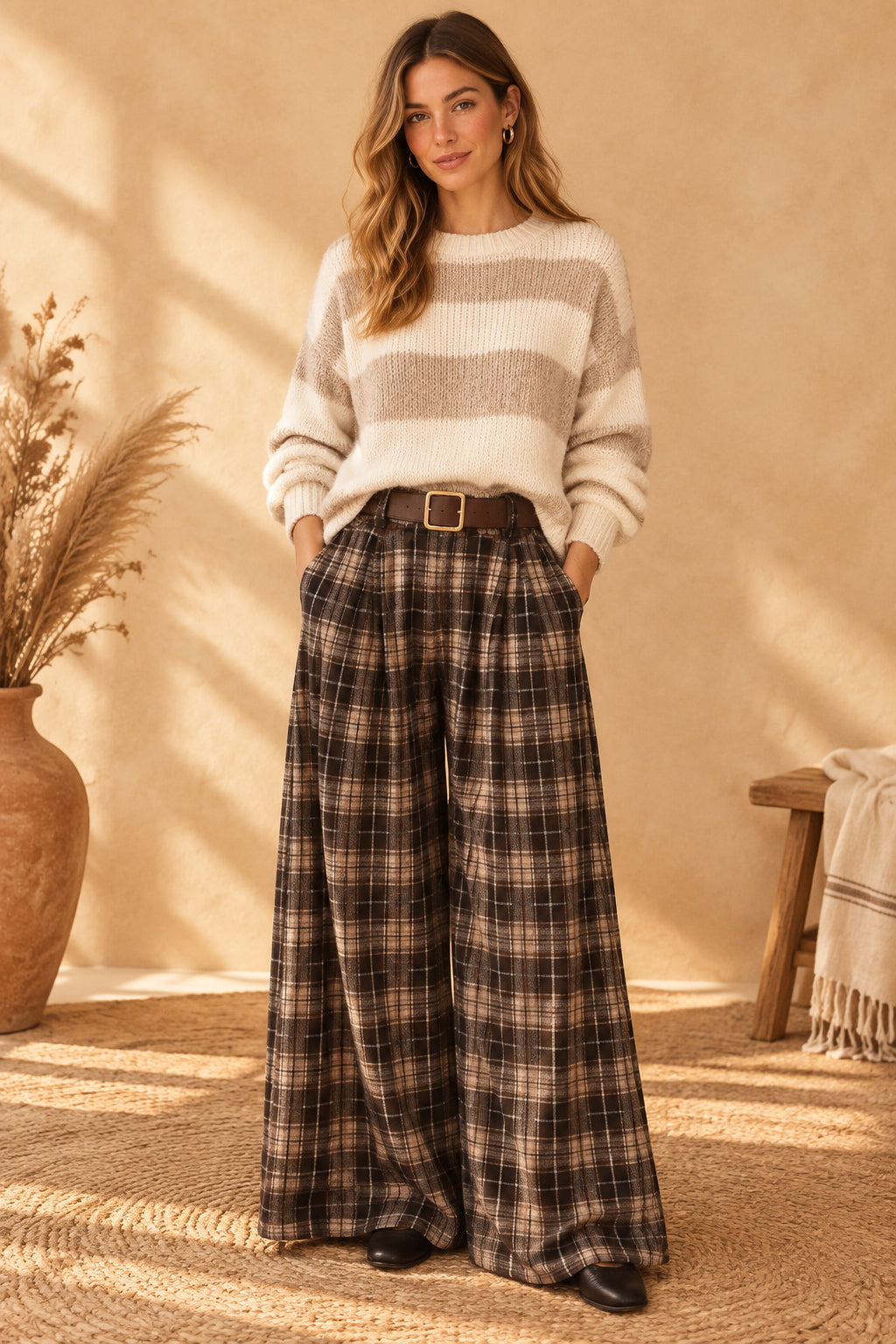 Karierte Damenhose in Braun und Beige mit weitem Bein und braunem Gürtel, Frontansicht am Model mit Streifenpullover