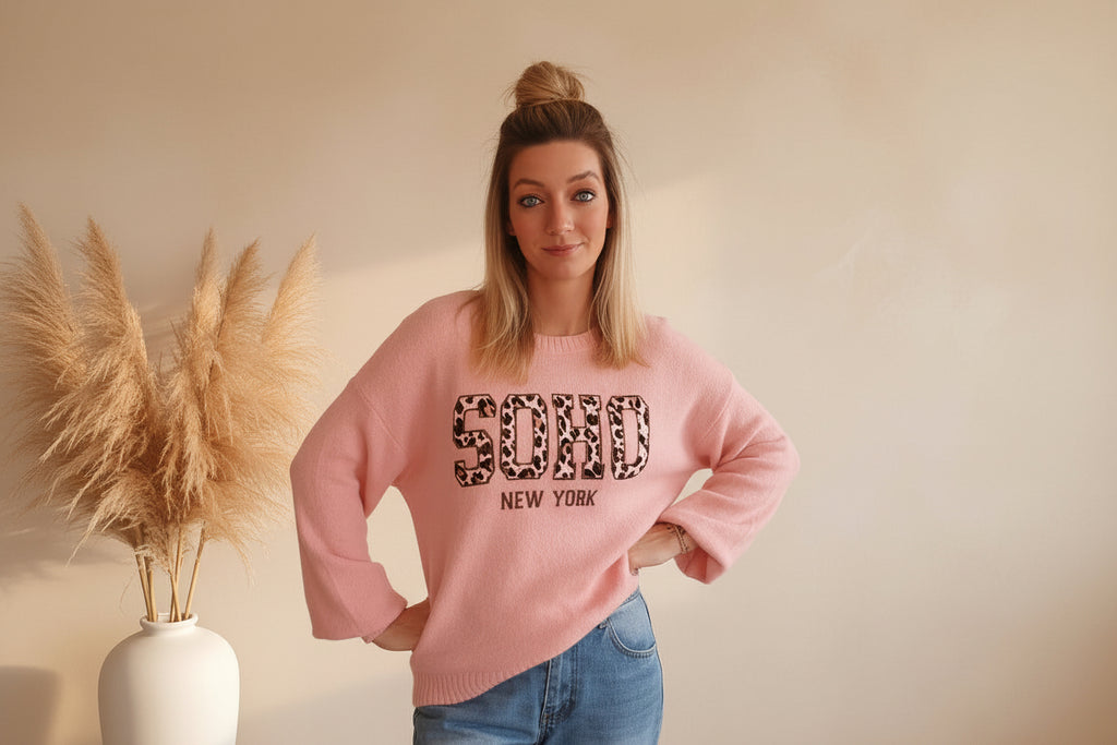 Boho-Luxe rosa Strickpullover von SK-Style & Kompetenz mit SOHO Leoprint und weiten Ärmeln.