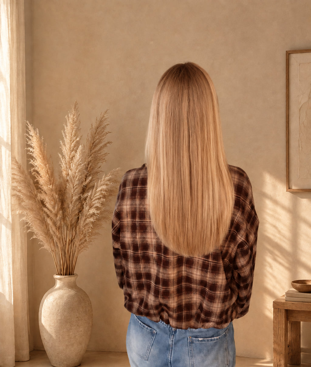 Rückansicht einer karierten Damenjacke in Dunkelbraun und Beige, lange Haare verdecken den oberen Rücken.