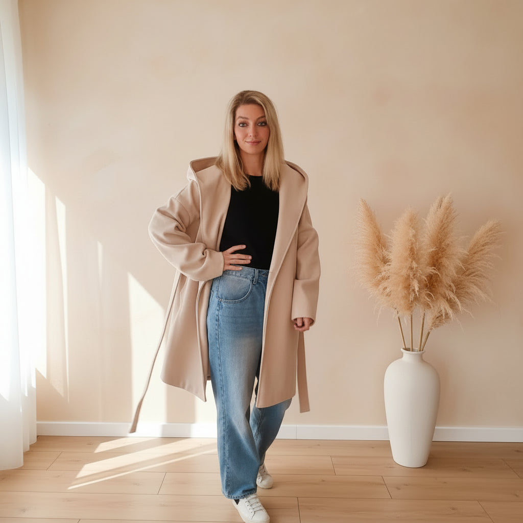 Damen-Übergangsmantel in Cremeweiß-Beige mit Kapuze und taillierbarem Bindegürtel in Frontansicht