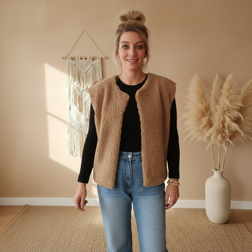 Khakifarbene Damen-Teddyfell-Weste in Frontansicht über schwarzem Langarmshirt und Jeans, gemütlicher Herbst-Look