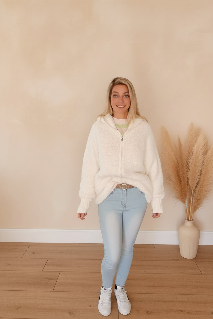 Teddy Jacke Damen weiß – Ganzkörper lässig, Jeans-Styling, Boho-Look, One Size