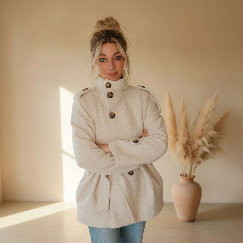 Kurzmantel Damen creme mit Knopfleiste, Frontansicht