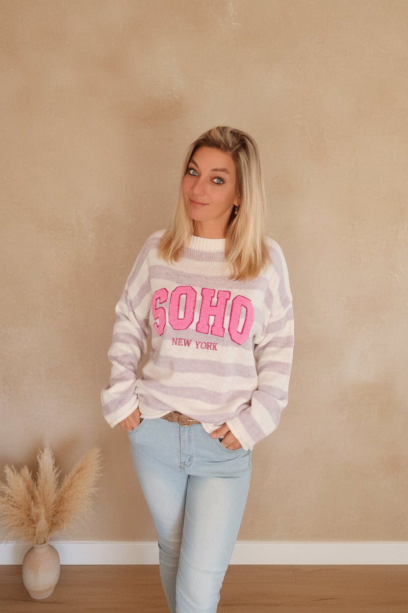 SOHO Streifenpullover Lila – Oversized Strickpullover SOHO New York, Boho-Style Damen Fashion