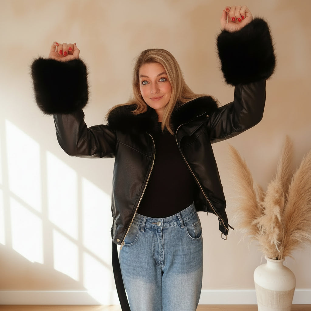 Damen Cropped Jacke schwarz in Lederoptik mit Webpelz, Ganzkörper-Styling mit Mom Jeans