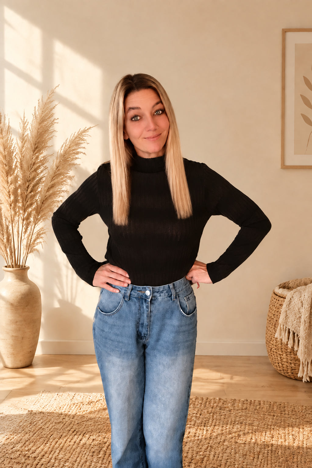 Dunkelbraun-schwarz gestreifter Damenpullover, in eine blaue Jeans gesteckt, am Model mit Händen an der Hüfte.