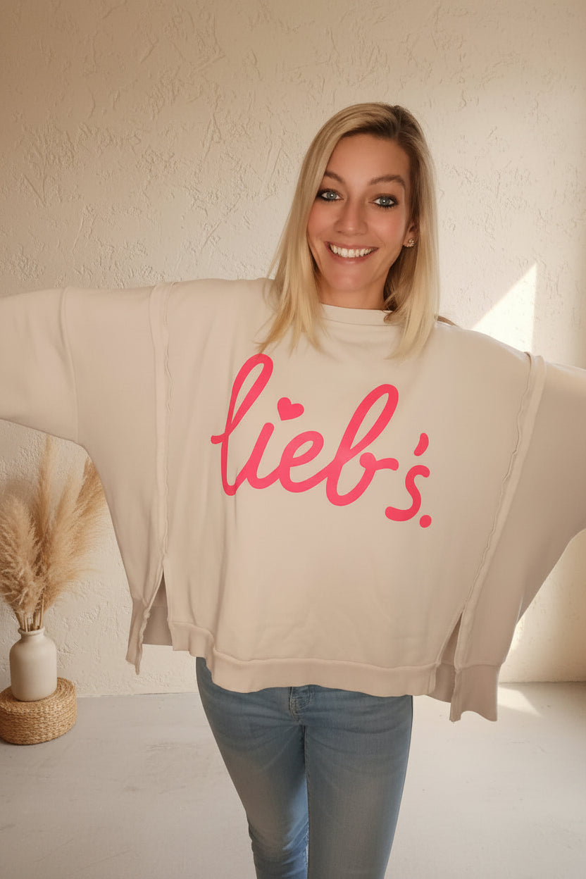 Lieb's Sweatshirt Damen – Frontansicht Arme ausgestreckt pinker Statement-Print Creme