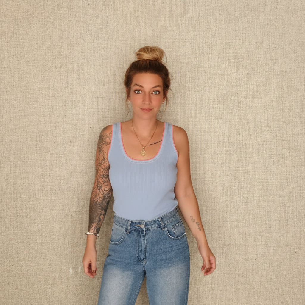 Zwillingsherz Tanktop Neon hellblau Frontansicht – Ripp-Stoff Damen Basic Top S/M