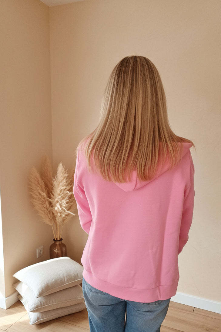 Hoodiejacke Zwillingsherz Love Damen, rosa, zweite Rückansicht am Model