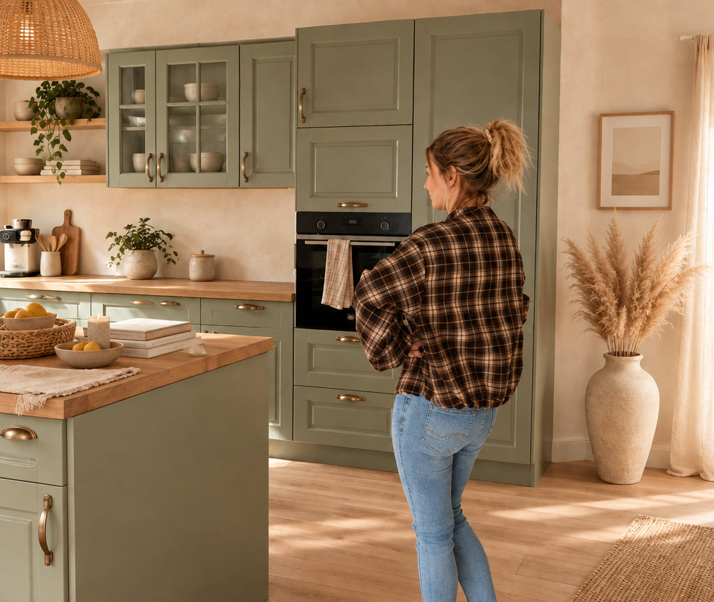 Braun-beige karierte Damenjacke, seitliche Rückansicht in einer Küche