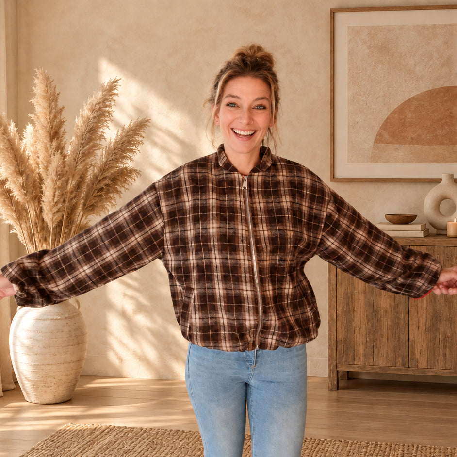 Braun-beige karierte Damenjacke mit Reißverschluss, Frontansicht mit Händen an der Hüfte