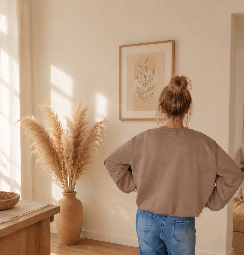 Rückansicht des Damen-Sweatshirts in Taupe mit überschnittenen Schultern, am Model mit hochgesteckten Haaren.