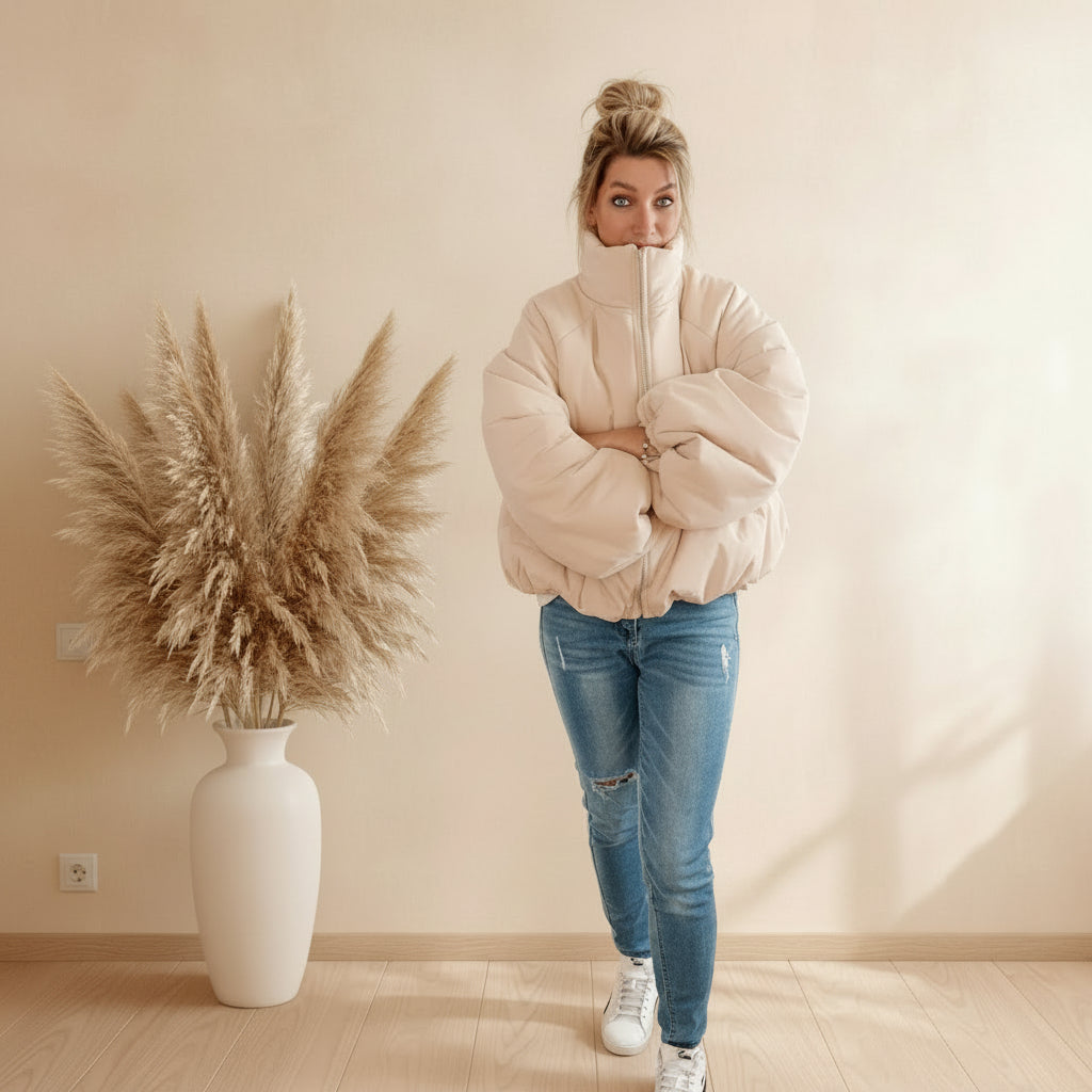 Oversize Damen Ballonjacke Creme, geschlossen getragen mit hohem Kragen