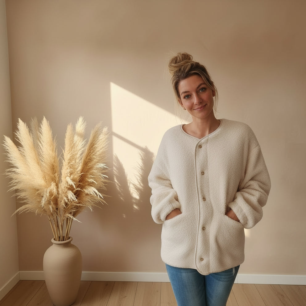 Teddyjacke Damen Creme – Frontansicht offene Knopfleiste