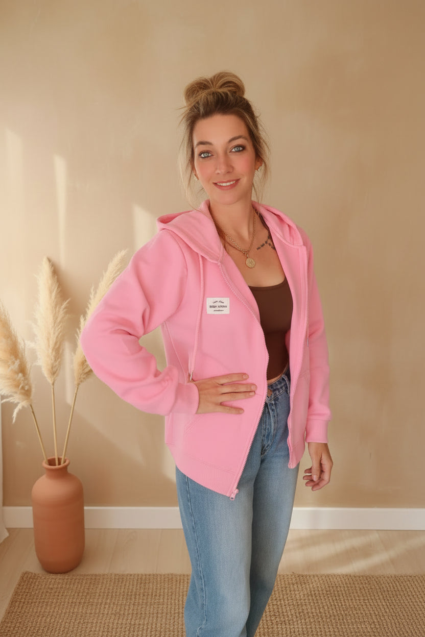 Hoodiejacke Zwillingsherz Love Damen, rosa, Detailaufnahme der bestickten Herzen