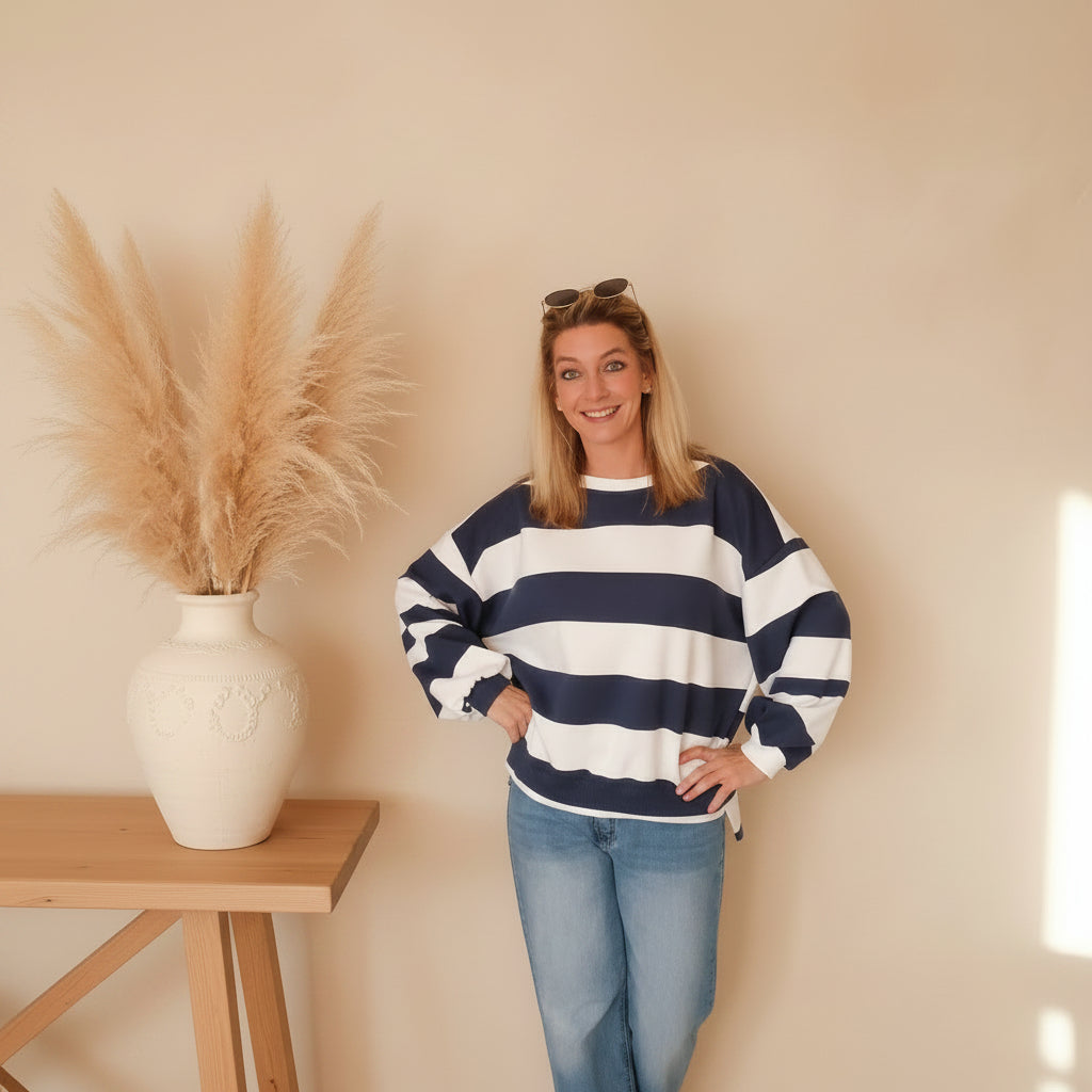 Maßangaben Damen Pullover gestreift: ca. 64,5 cm Achsel zu Achsel, ca. 60 cm Länge