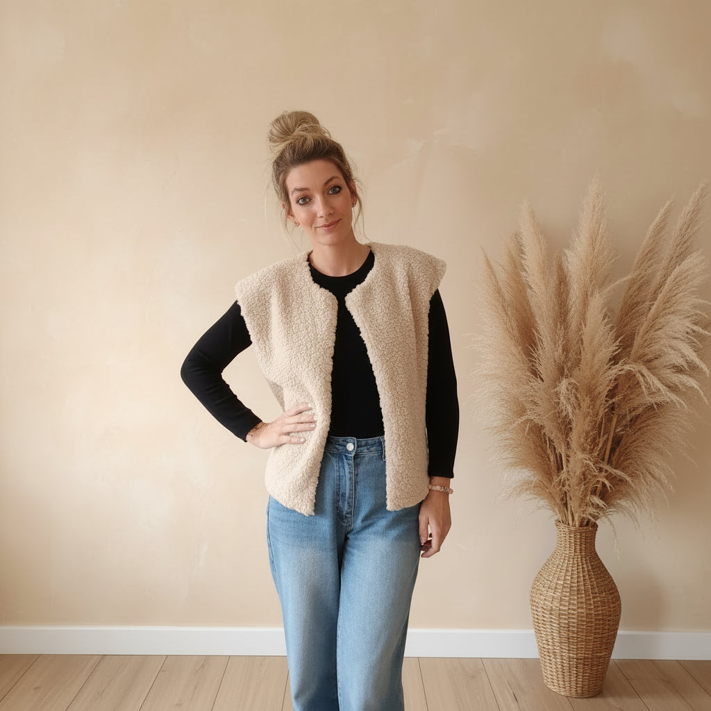 Cremefarbene Damen-Teddyfell-Weste in Frontansicht über schwarzem Langarmshirt und Jeans, gemütlicher Herbst-Look