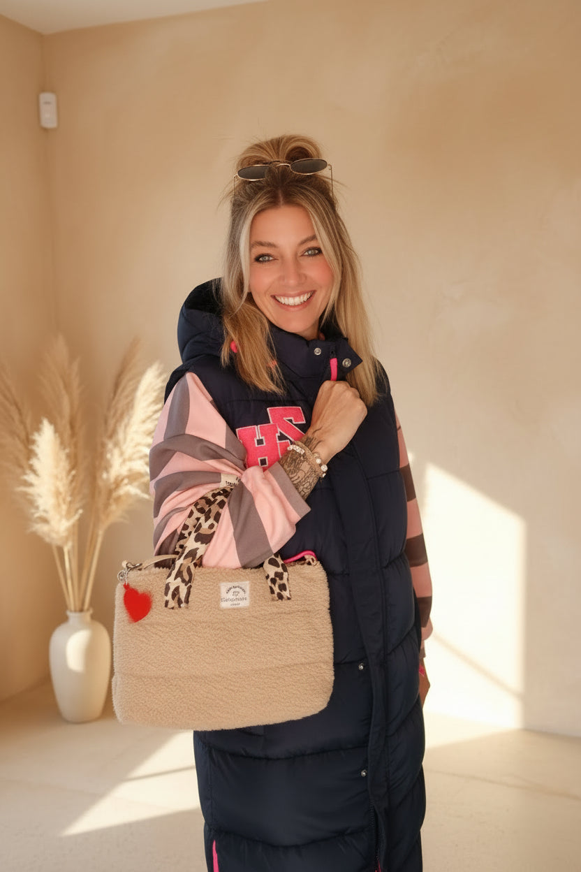 Zwillingsherz Teddy Handtasche Beige – Leo-Henkel Herzanhänger Boho Style Damen