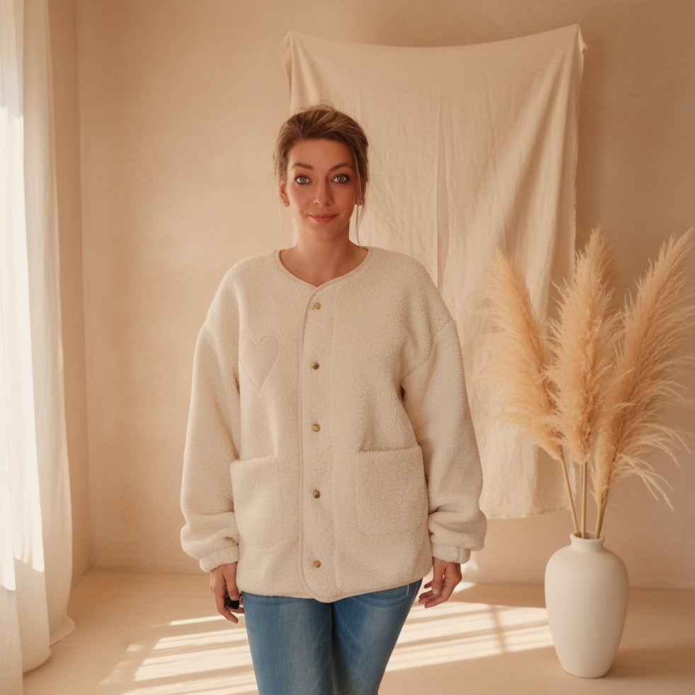 Teddyjacke Damen Creme mit Herz – Halbnahe Frontansicht