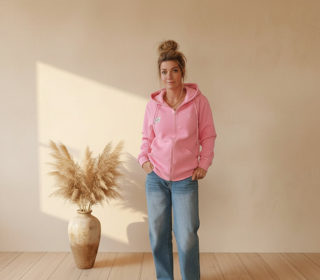 Hoodiejacke Zwillingsherz Love Damen, rosa, Frontansicht am Model, Reißverschluss geschlossen