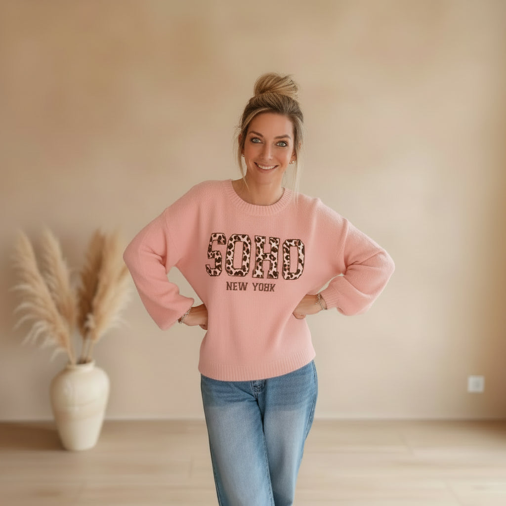 rosa Strickpullover von SK-Style & Kompetenz mit Leoprint-SOHO Aufdruck