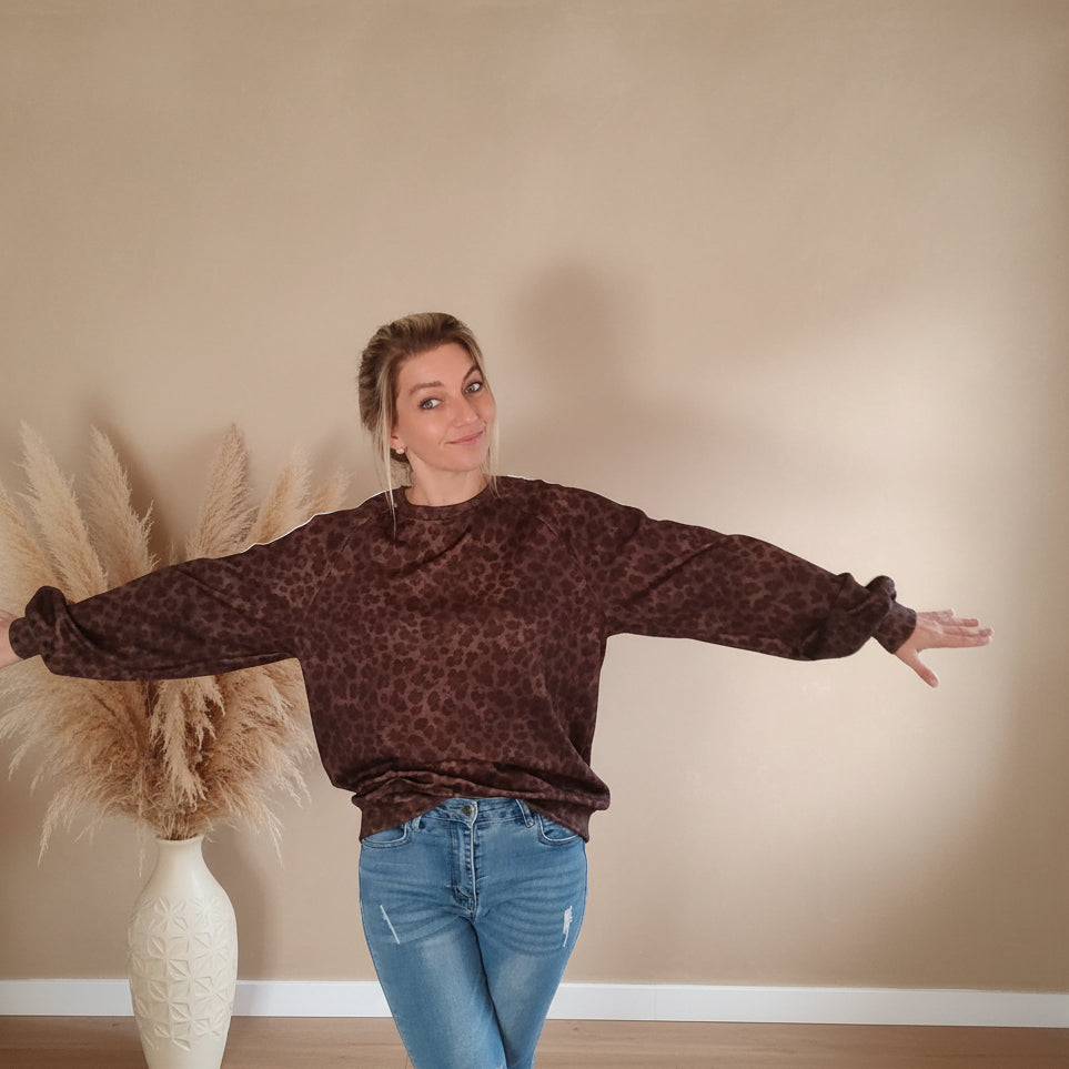 Braunes Oversize Sweatshirt Damen mit Animal-Print, Frontansicht mit ausgebreiteten Ärmeln