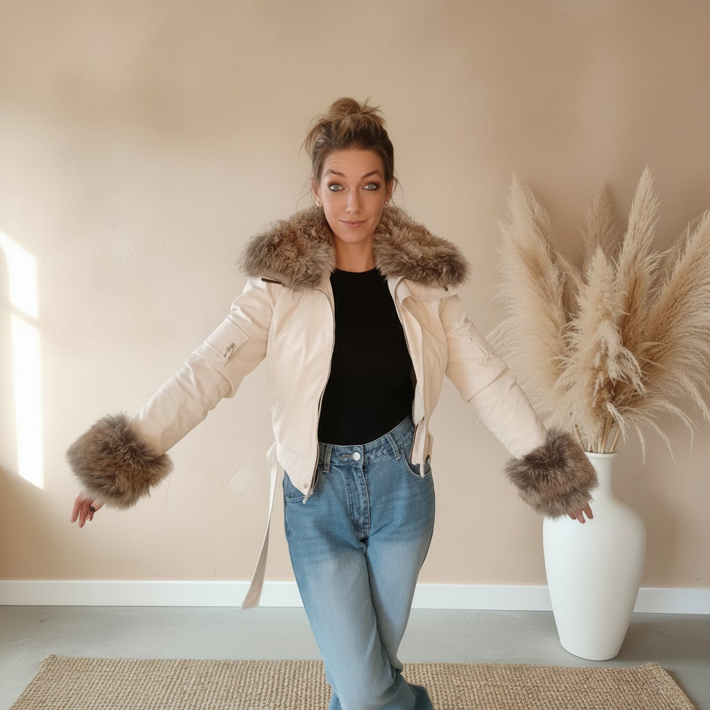 Cremeweiße Cropped Jacke Damen mit Fellkragen und Taillengürtel, Frontansicht zu heller Jeans
