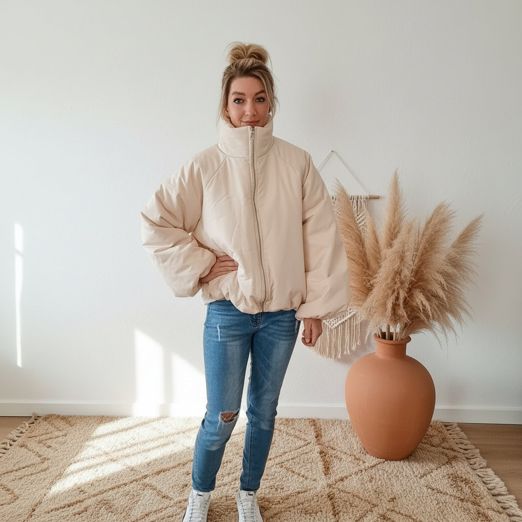 Oversize Damen Ballonjacke in Creme, geschlossen getragen mit hohem Stehkragen