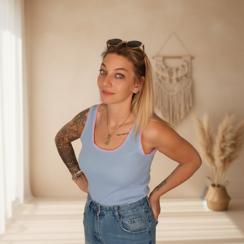 Zwillingsherz Tanktop Neon hellblau – Neon-Pink-Kontrastrand Detail, Boho-Styling Damen