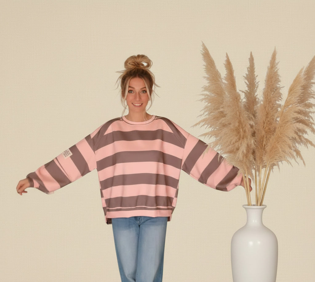 Oversized Streifen-Sweatshirt | Boho Style | Rosa & Blau