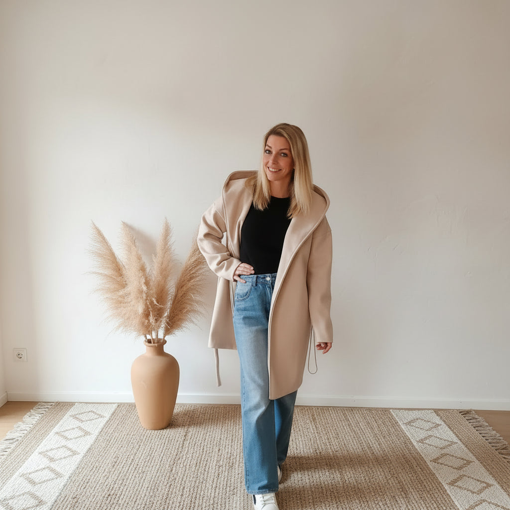 Cremeweiß-beiger Damen-Kurzmantel mit Kapuze und locker fallendem Bindegürtel im stilvollen Indoor-Look