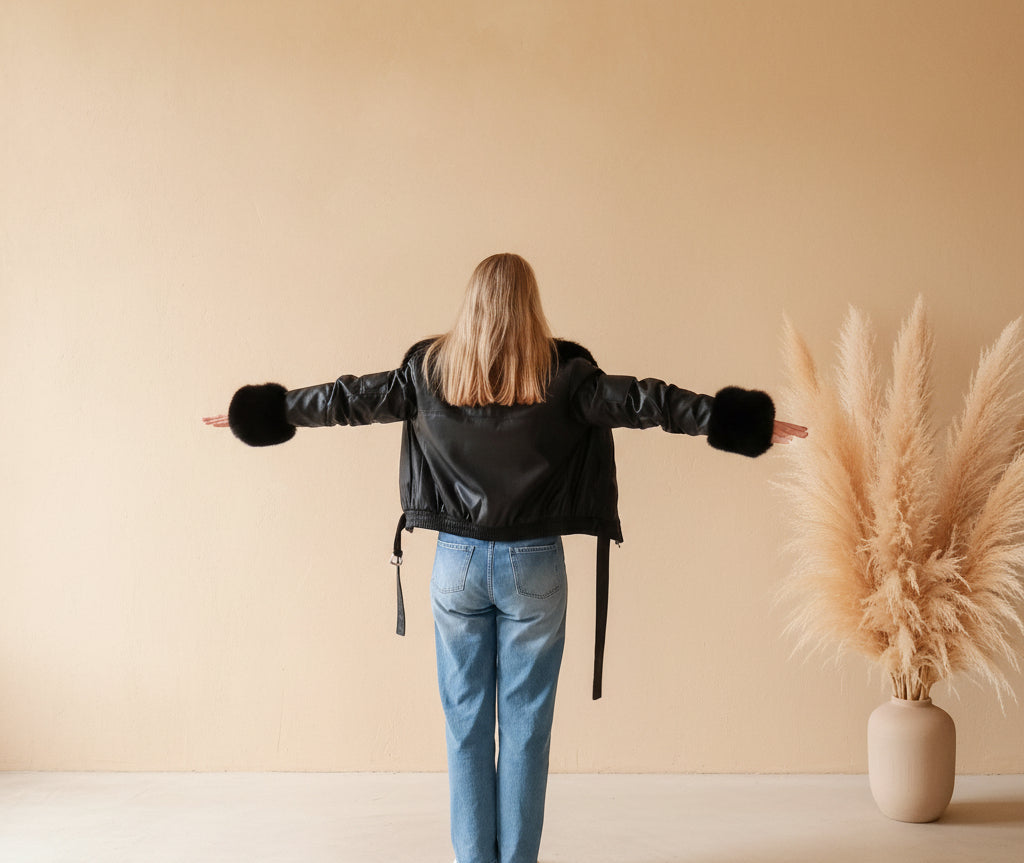 Rückenansicht der schwarzen Cropped Jacke Damen in Lederoptik mit Fellmanschetten und Taillengürtel