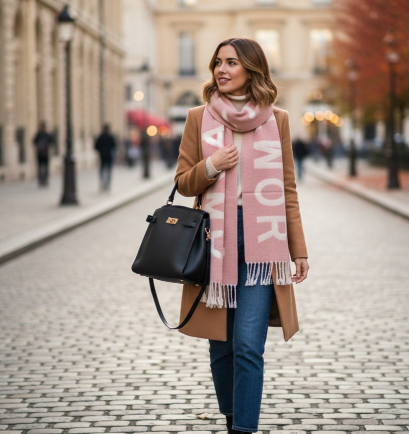 Damen Schal Warm – Rosé & Cremeweiß mit Amour-Schriftzug & Fransen