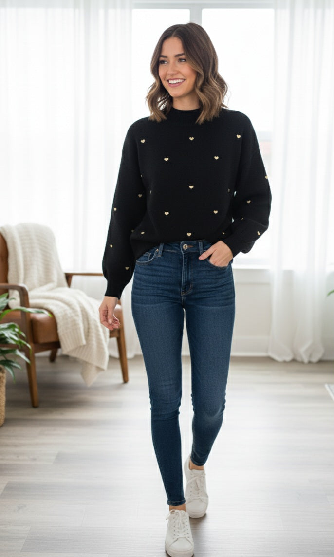 Damen Pullover Schwarz – Romantisch mit Gold-Herzen für Herbst & Winter