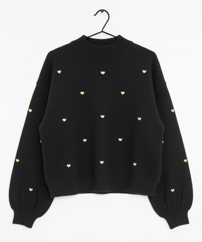 Damen Pullover Schwarz – Romantisch mit Gold-Herzen für Herbst & Winter