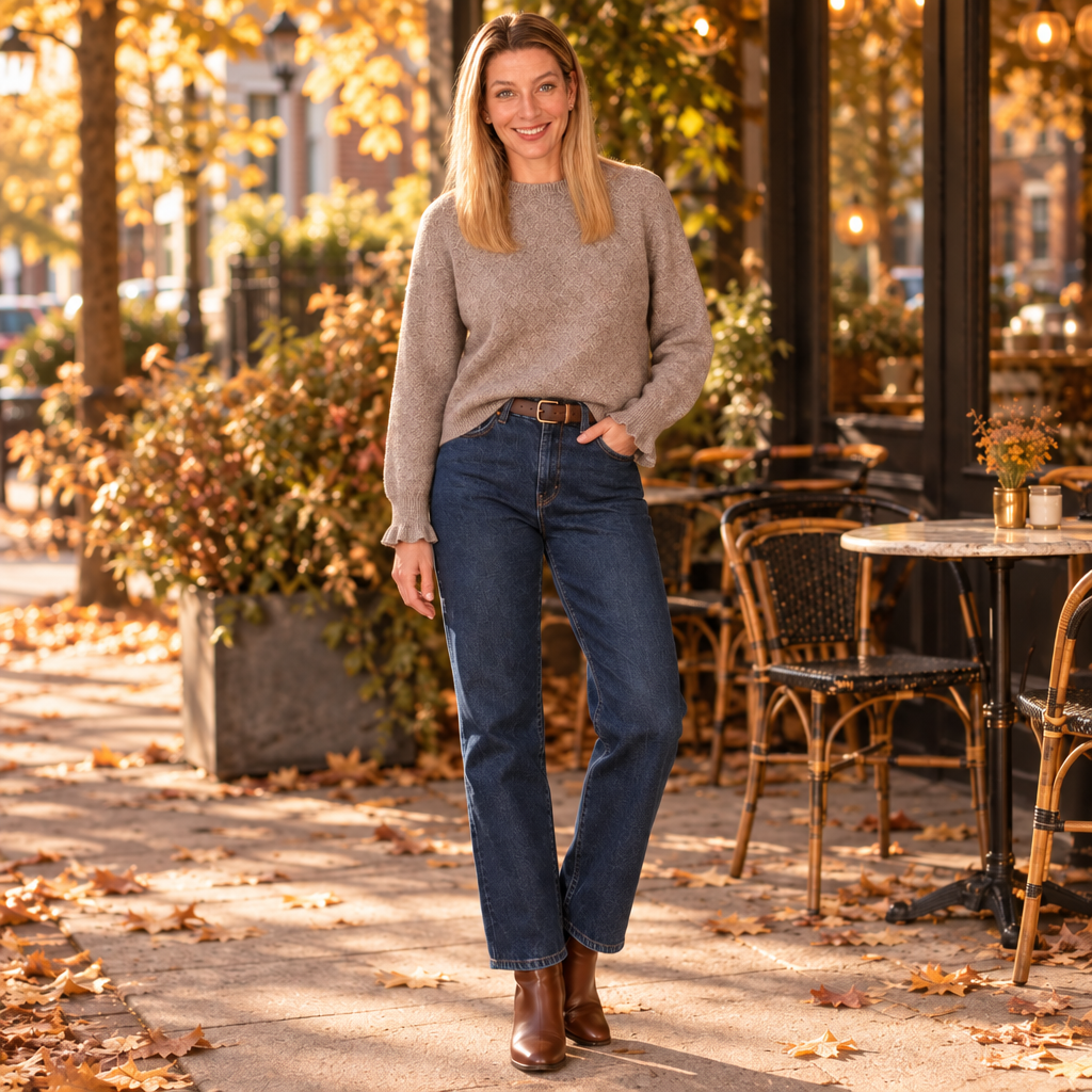Taupe: Model trägt einen taupefarbenen Damen-Strickpullover mit engem Ärmelabschluss und kleiner Rüsche zu dunkler Jeans und Stiefeletten.